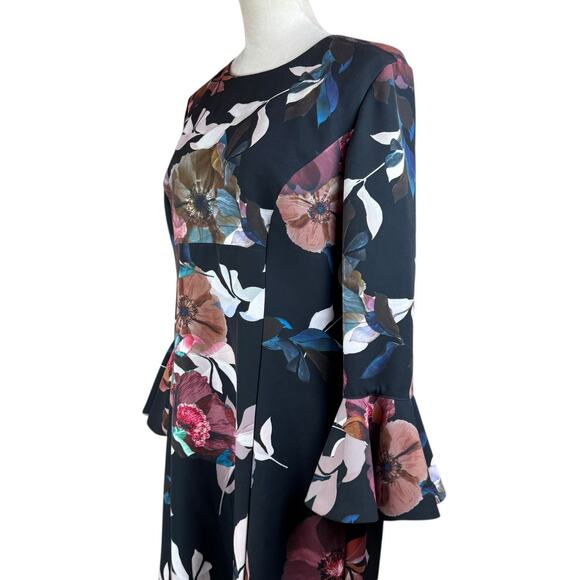 Trina Turk Panache 2 Faye Black Floral Flounce Bell Sleeve Cocktail Shift Dress - Picture 7 of 13